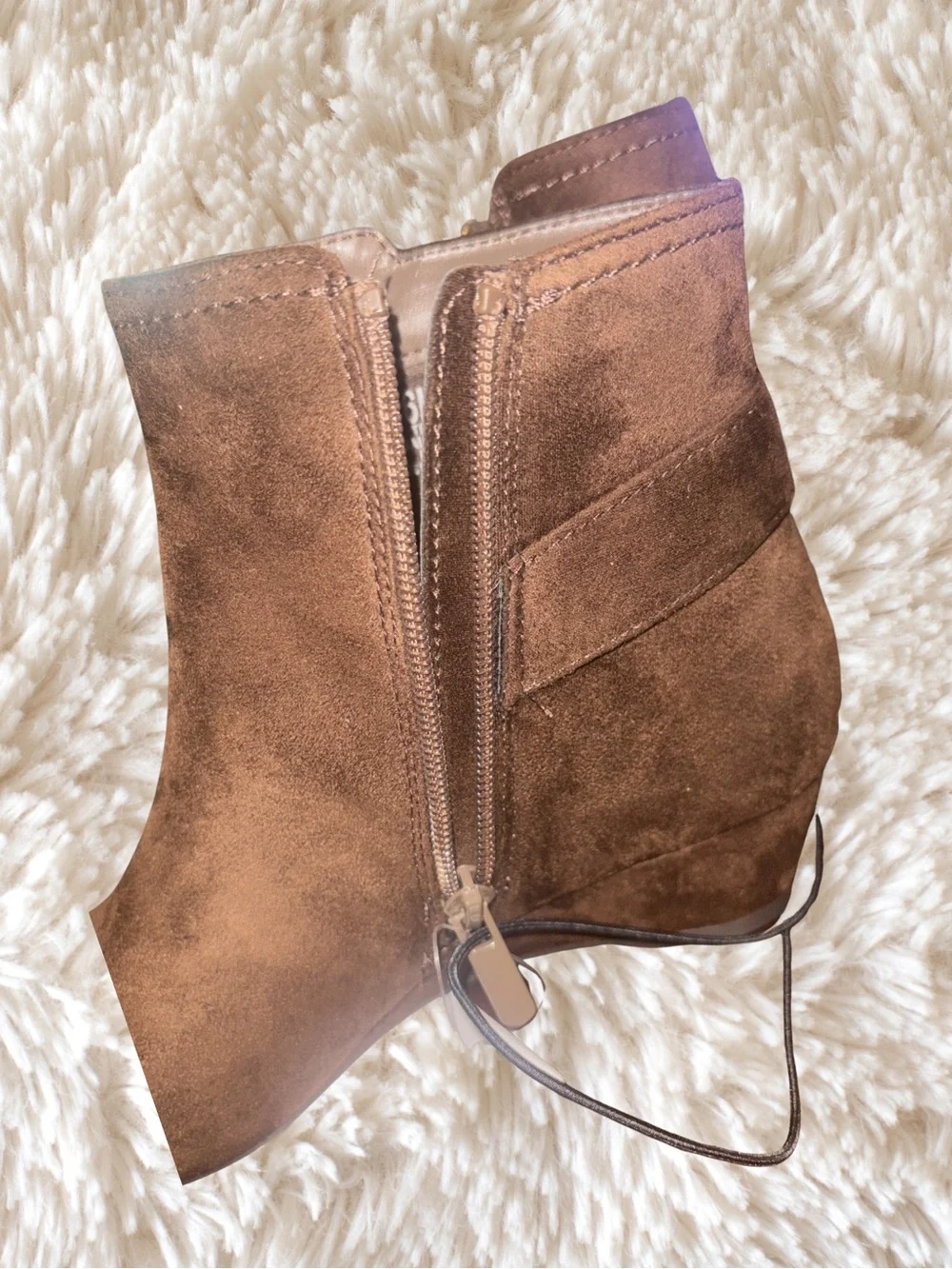 East 5th Tan Suede Wedge Ankle Booties with Buckle Detail